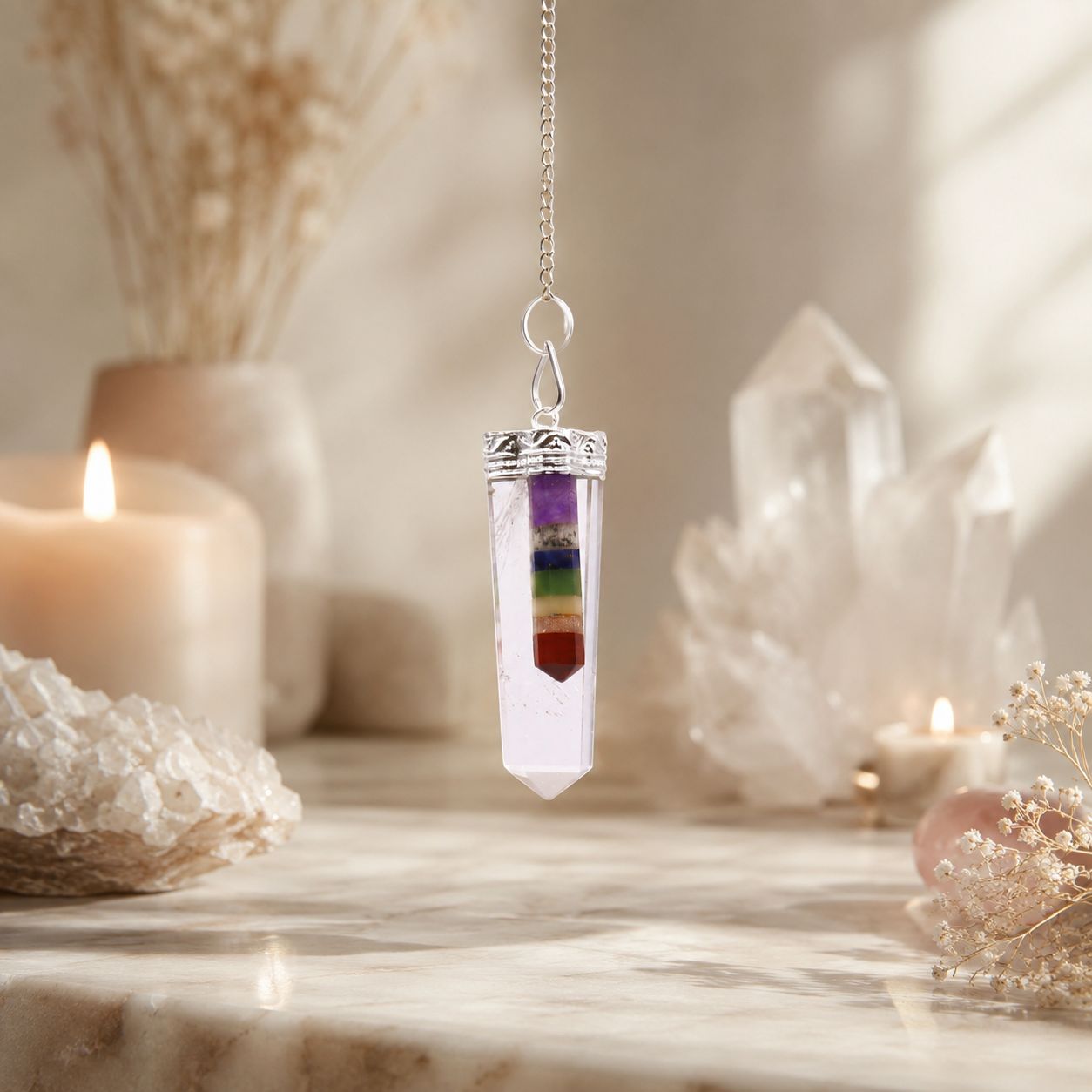 Crystal 7 Chakra Bounded Thin Point Flat Pendant for Dowsing