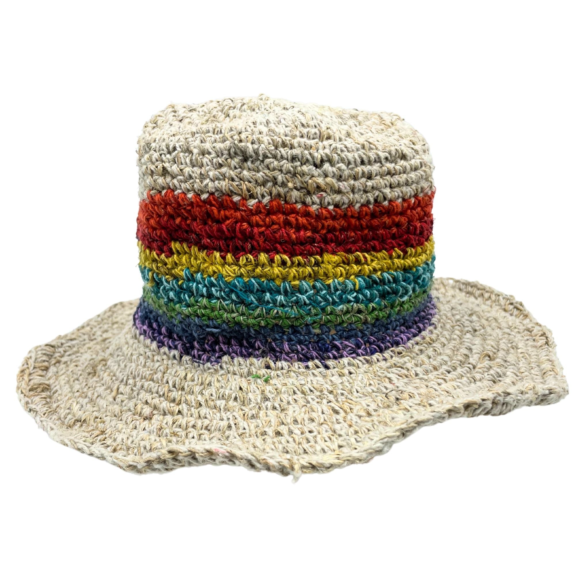 Hand Knited Hemp & Cotton Boho Festival Hat in Rainbow Design