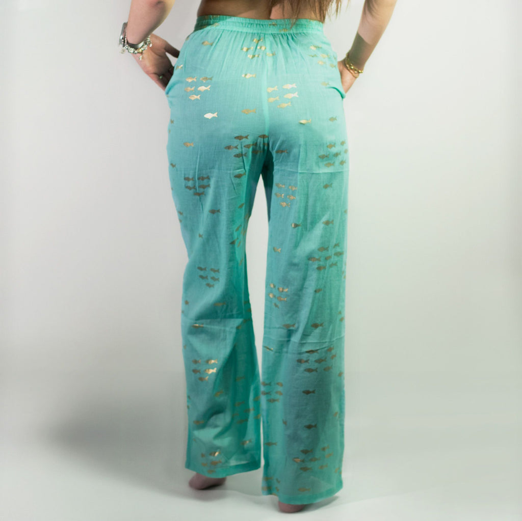 Nomad Sari Lounge Pants M/L in Turquoise with Gold Fish Design