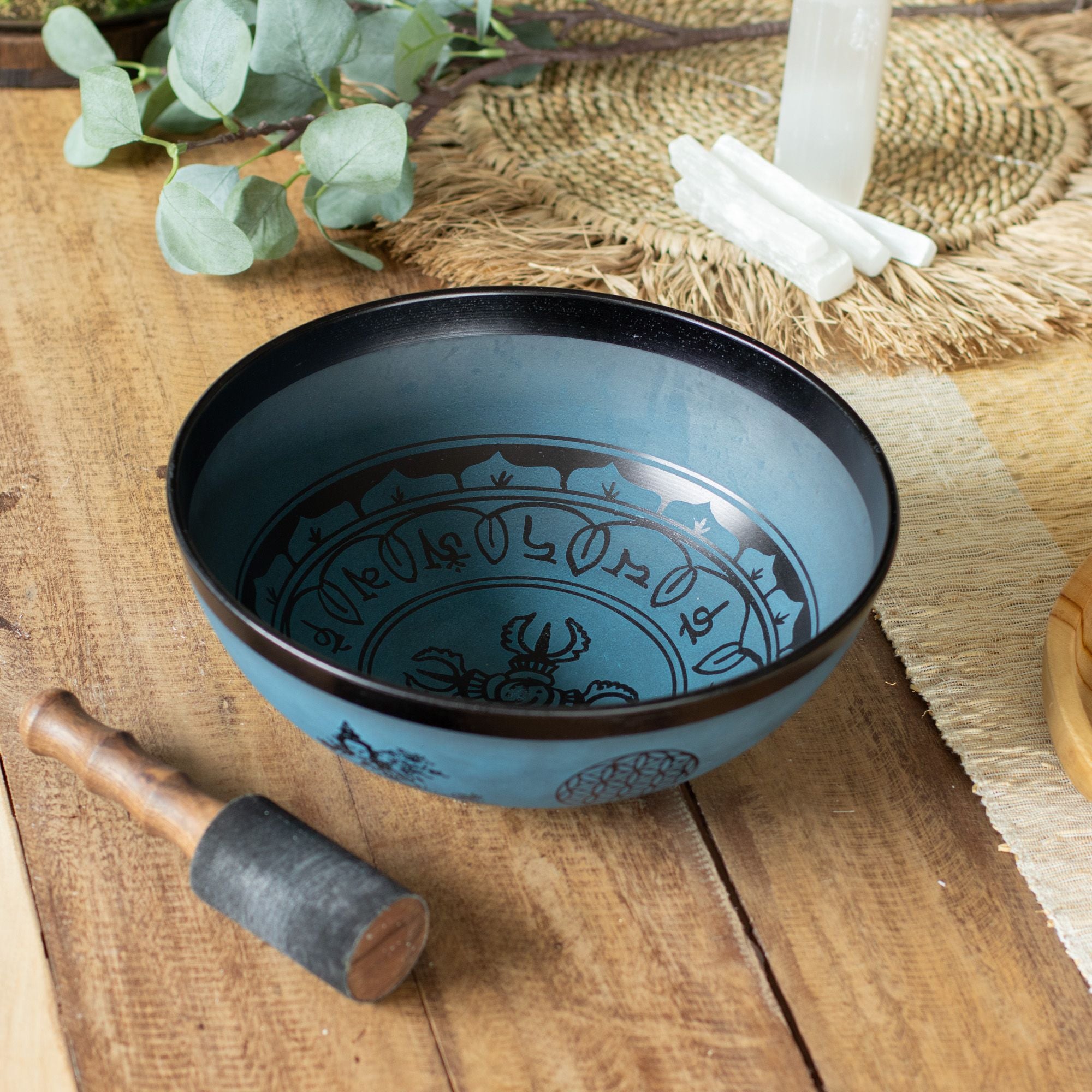 Large Aluminum Singing Bowl with Tibetan Double Dorje Design Blue