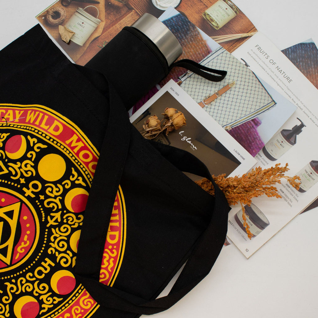 Iconic Classic Tote Bag with Luna Alchemy Wheel Design in Black