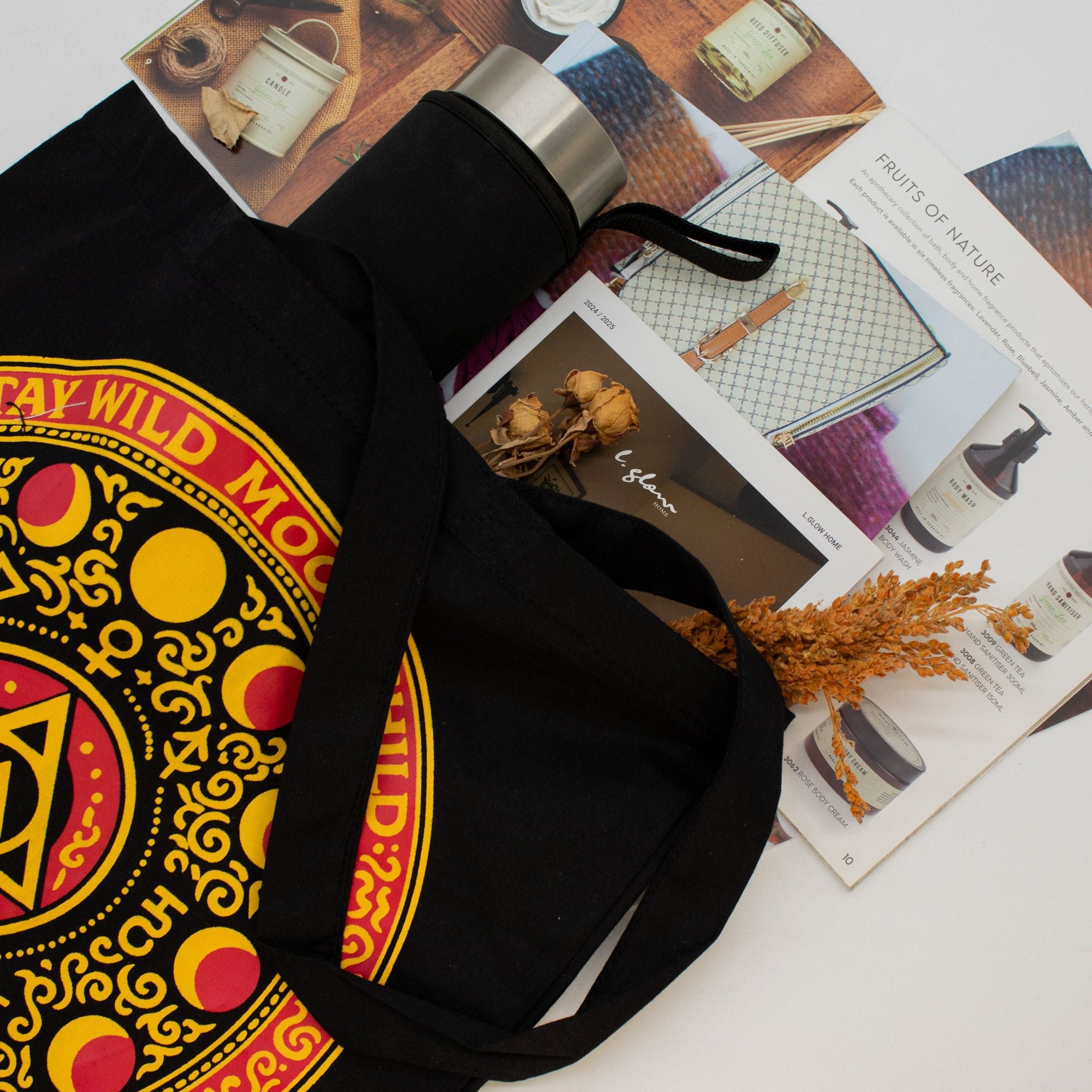 Iconic Classic Tote Bag with Luna Alchemy Wheel Design in Black