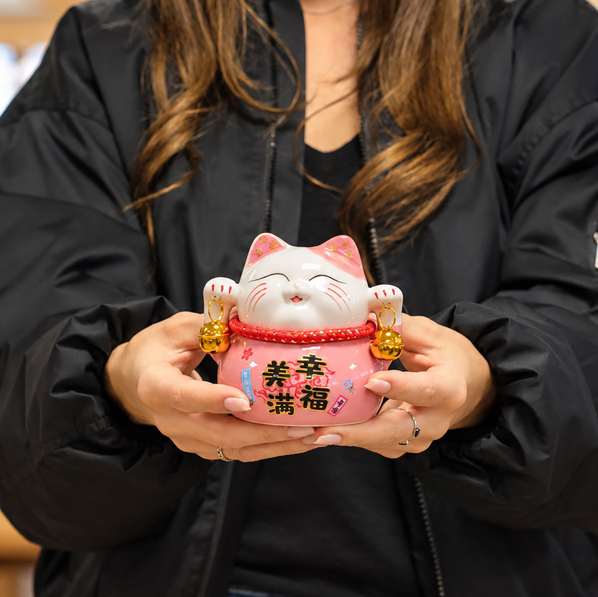 Japanese Lucky Cat Ceramic Money Box on Cushion – Pink