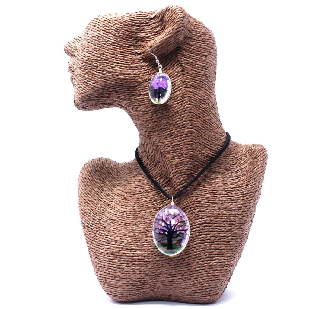 Lavender Pressed Flowers Tree of Life Set with Unique Jewellery Gift
