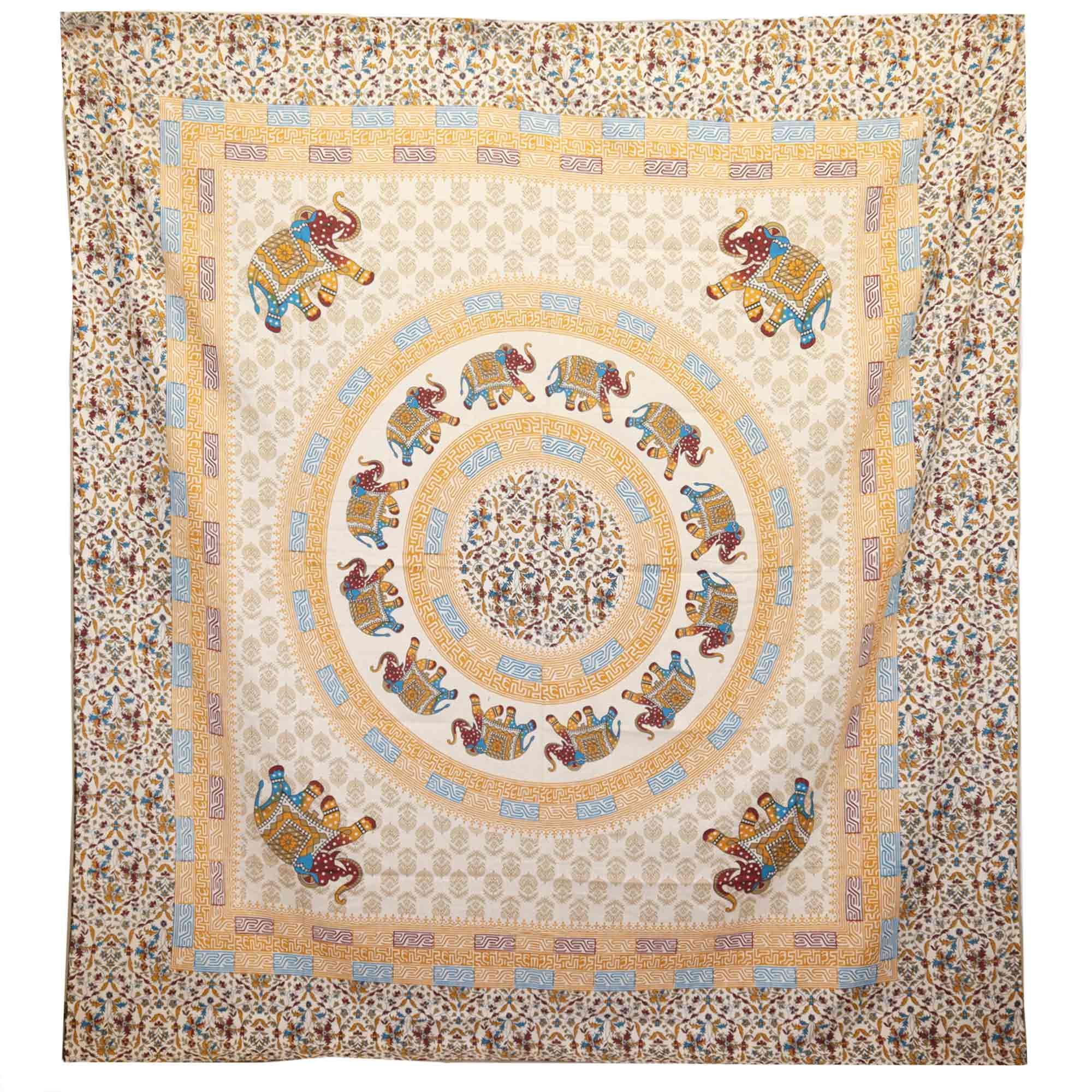 Elephant Mandala Wall Hanging in Brown and Orange on Cream Fabric