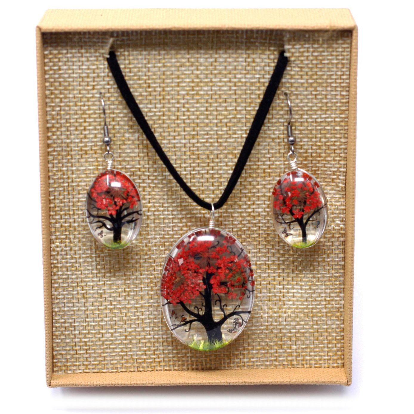 Pressed Flowers Tree of Life Set in Coral Unique Jewellery Gift