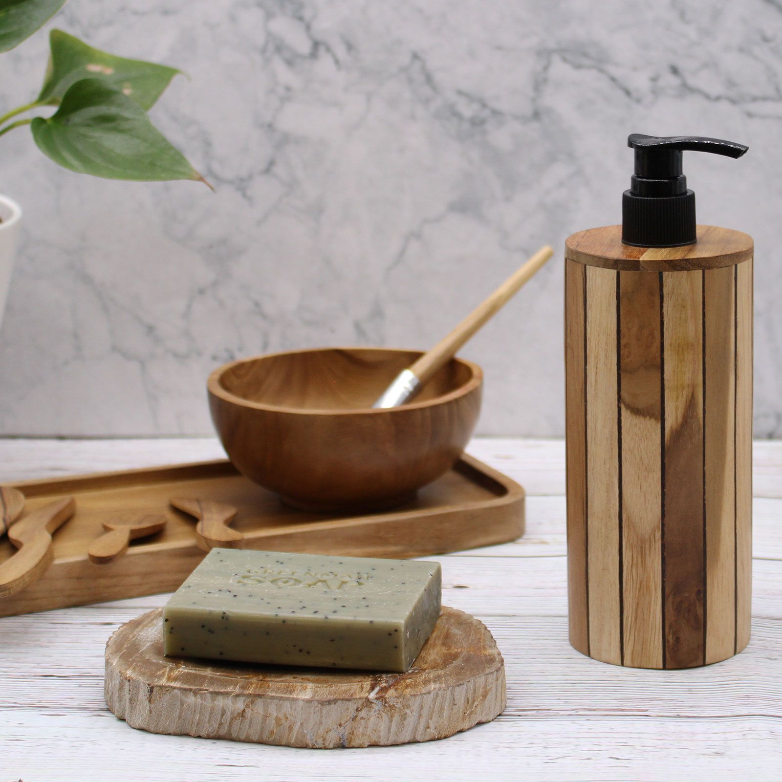 Natural Teakwood Round Soap Dispenser for Kitchen and Bathroom