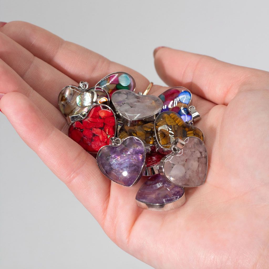 Steel Cased Pendant Hearts with 12 Assorted Gemstone Chips