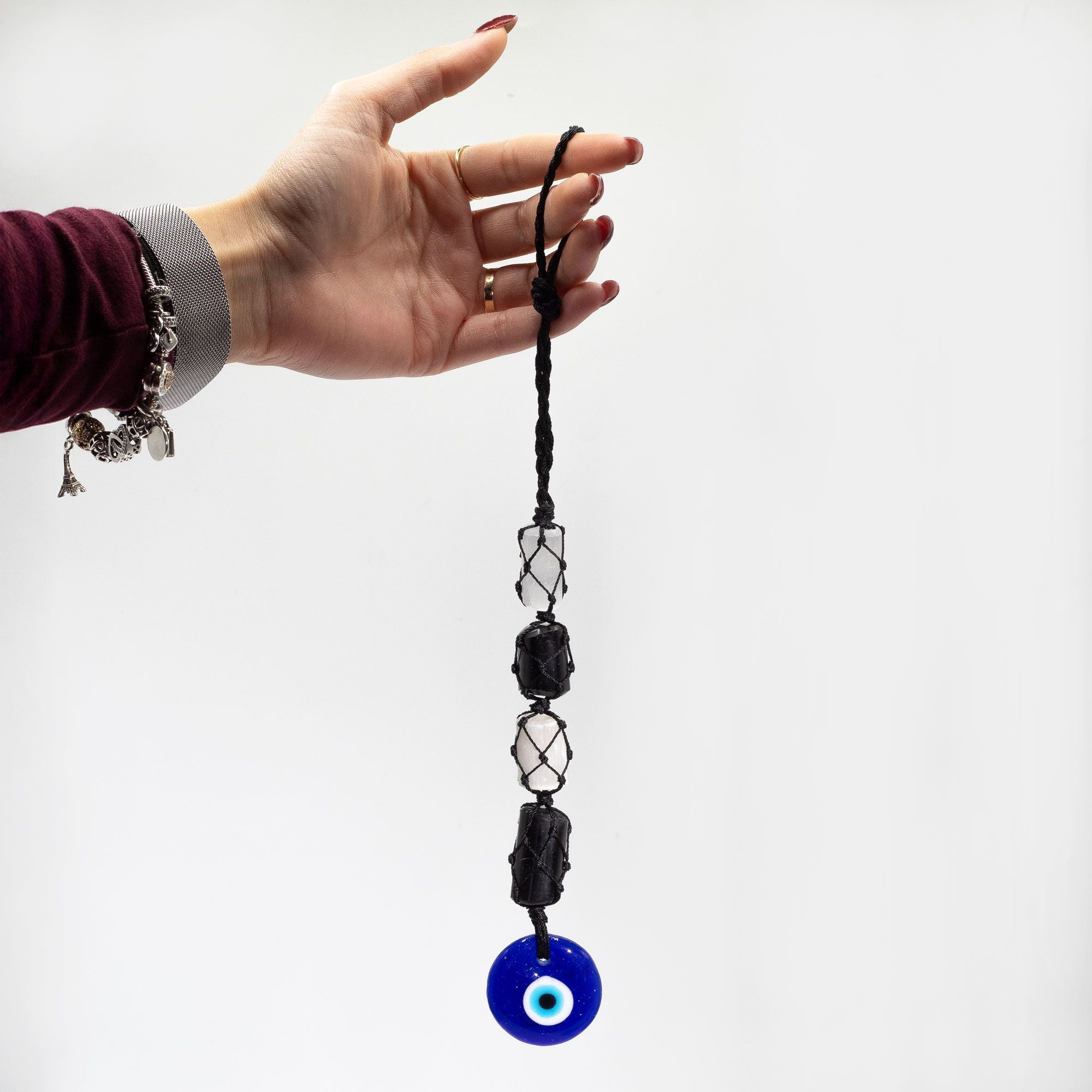 Hanging Stone Pendant with Black Tourmaline & Selenite Evil Eye