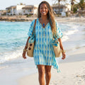 Nomad Sari Kaftan in Turquoise Blue with Bold Fish Print Design