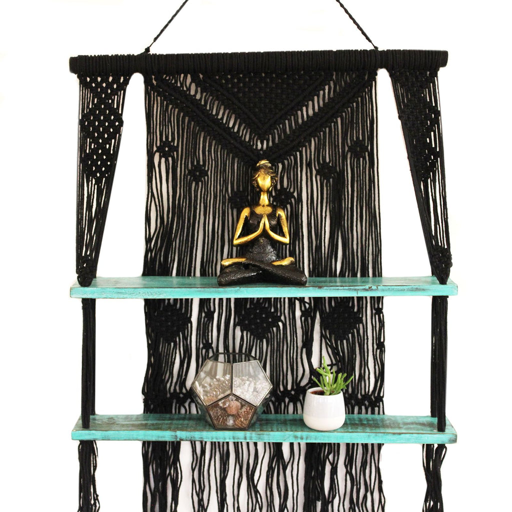 Black Macrame Hanging Shelves with Turquoise Accents for Decor
