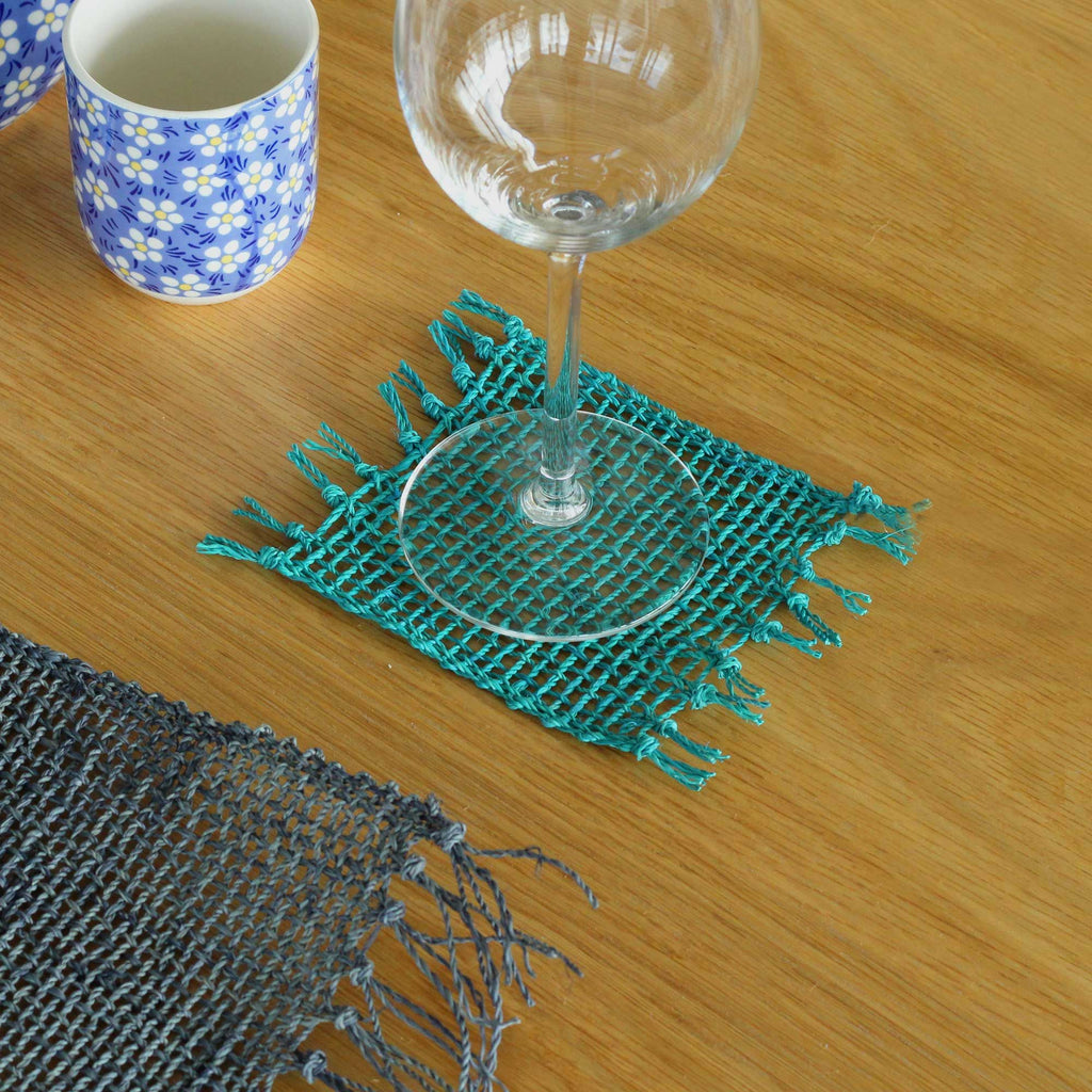 Set of 4 Turquoise Seagrass Fringe Natural Coasters for Decor