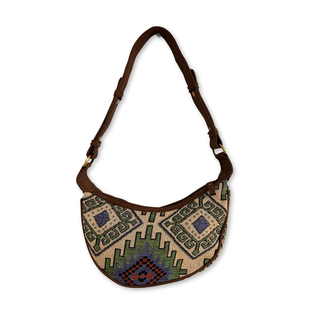 Jacquard Hobo Bag Geo Geen with Brown Strap for Daily Use