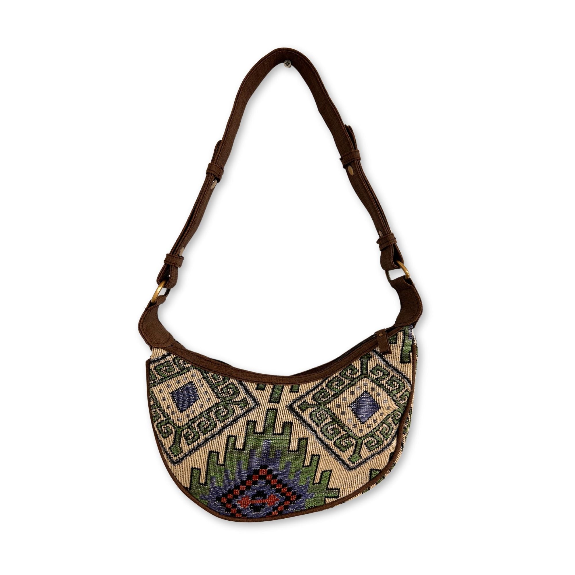 Jacquard Hobo Bag Geo Geen with Brown Strap for Daily Use