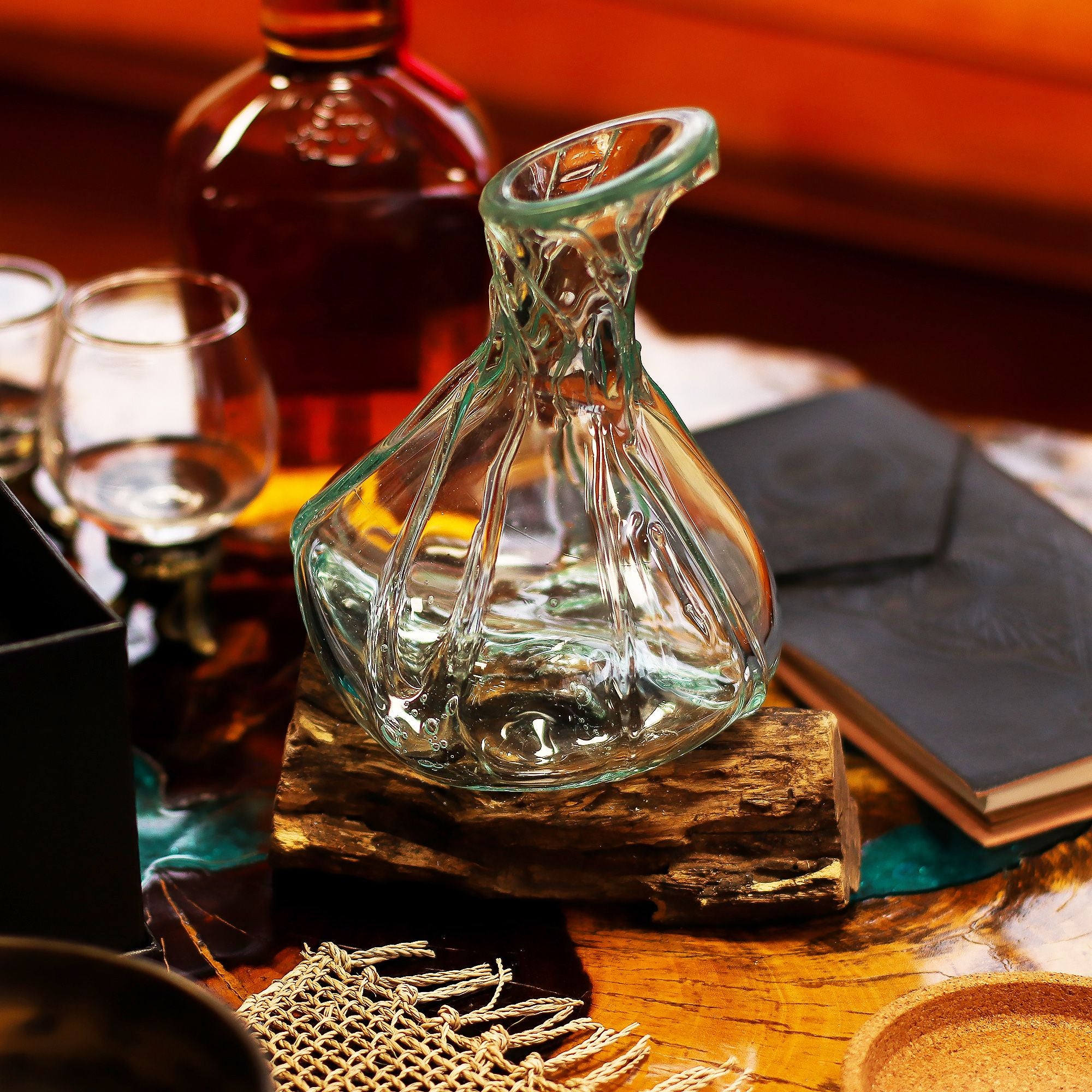Molten Glass Fancy Mini Decanter on Wood for Stylish Serving