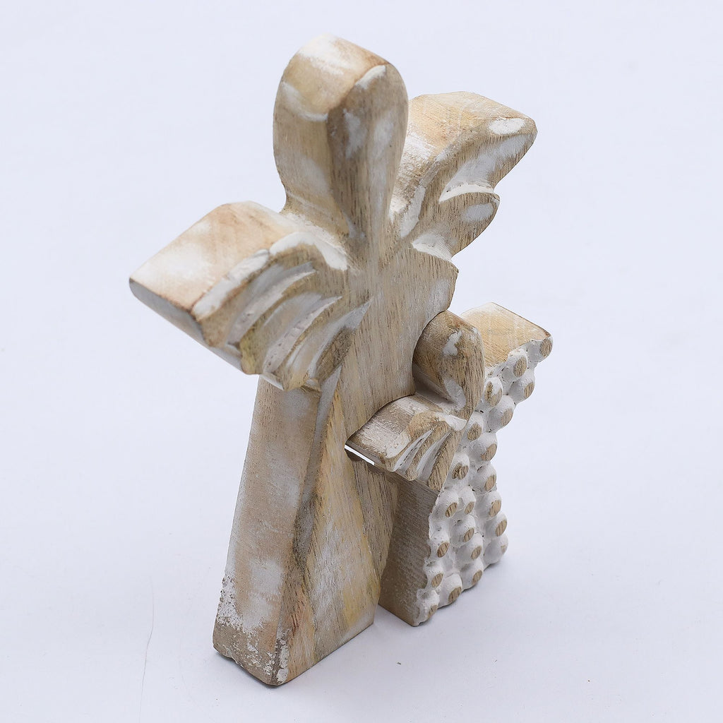 Mango Wood Angel Figurine in Whitewash Finish for Home Decor