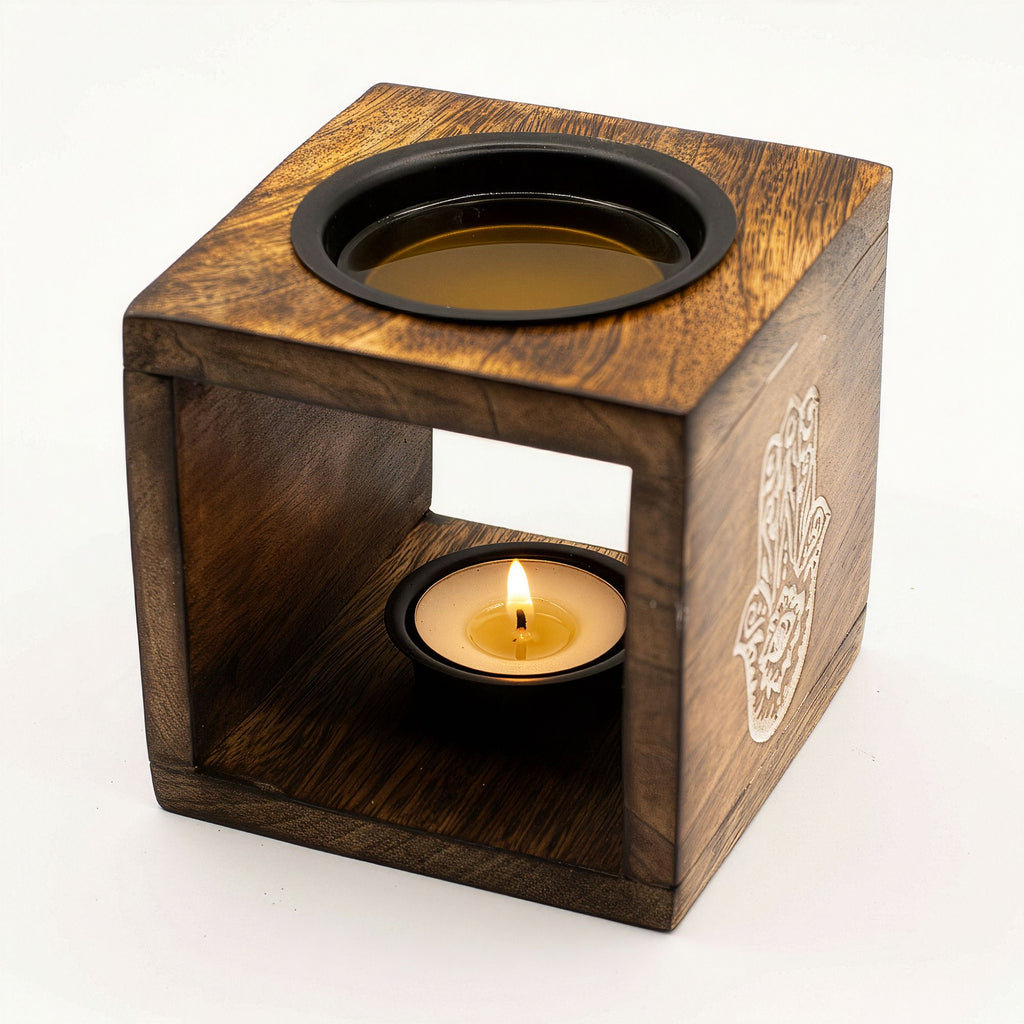 Square Mango Wood Oil Burner with Hamsa Symbol for Aromatherapy