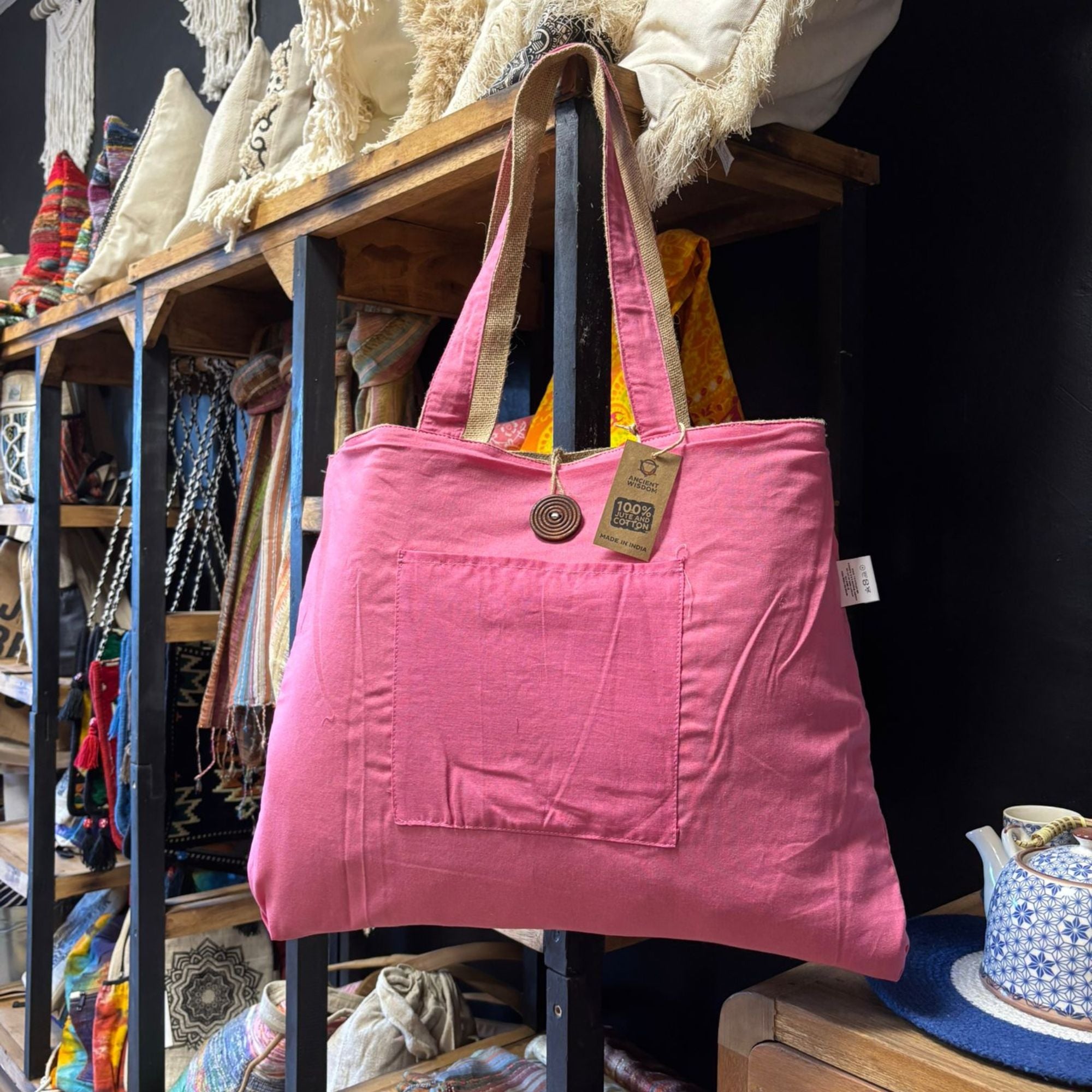 Jute & Cotton Reversible Big Bag in Pink for Versatile Use