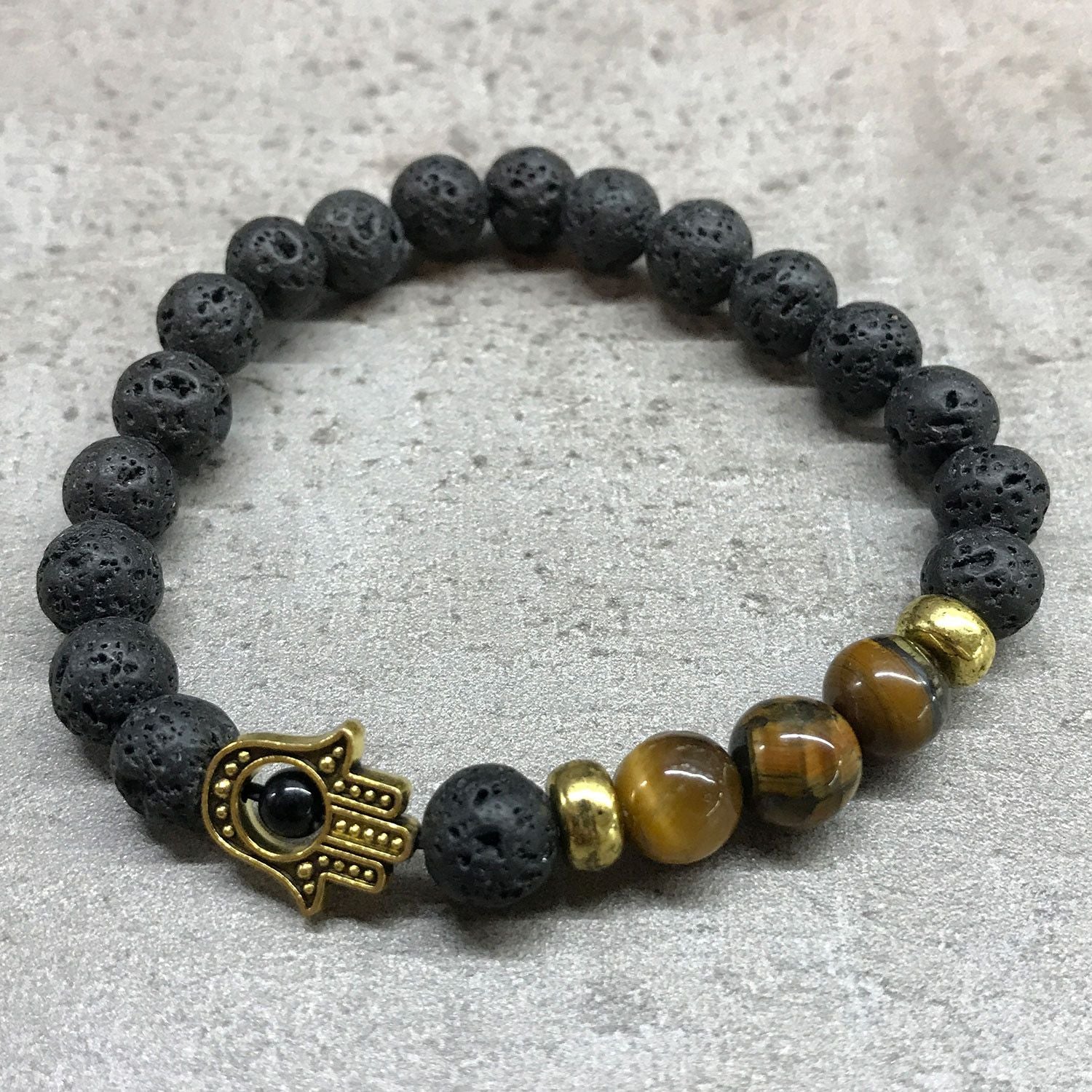 Lava Stone Bracelet with Hamsa and Tiger Eye for Aromatherapy