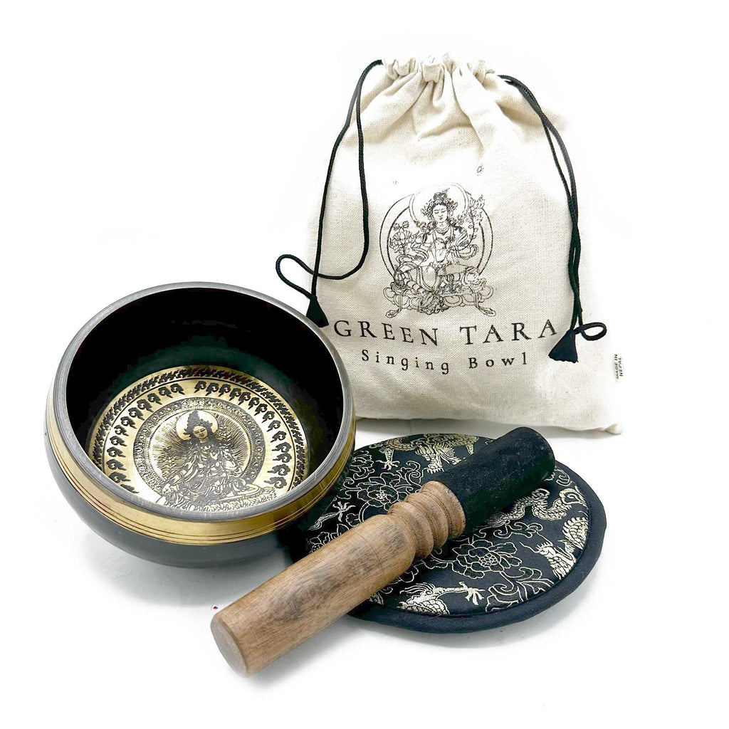 Hand Beaten Engraved Singing Bowl Gift Set with Green Tara Design