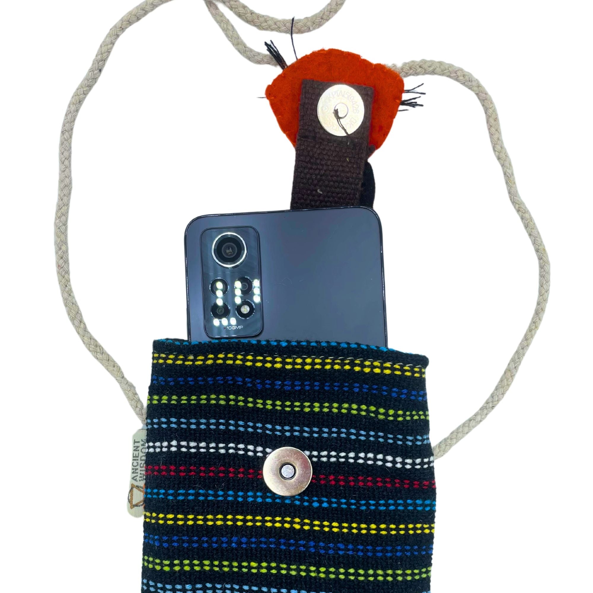 Stylish Black and Multi Phone Holder Bag with Fox Decor Design