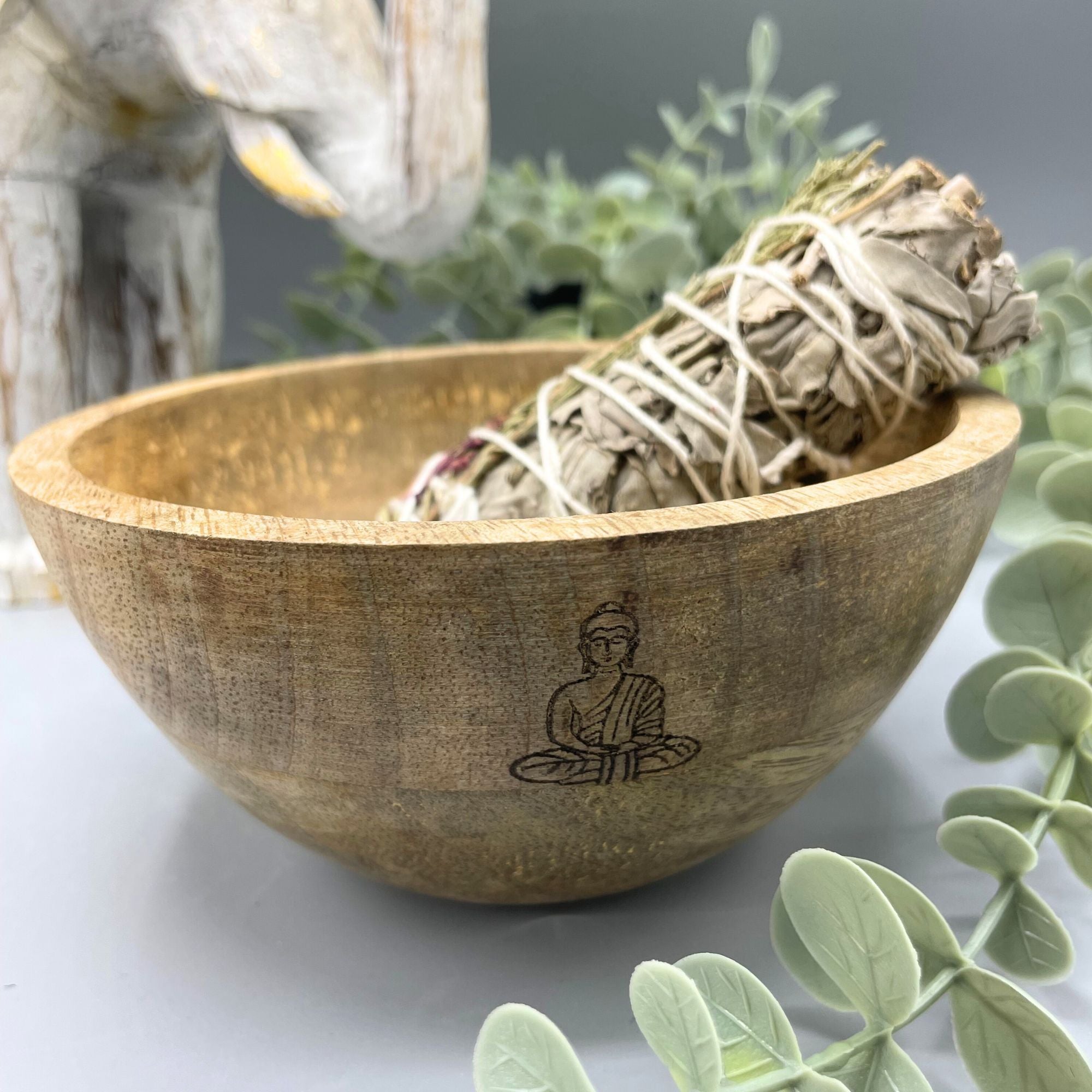Wooden Smudge and Ritual Offerings Bowl with Buddha Design 13x7cm