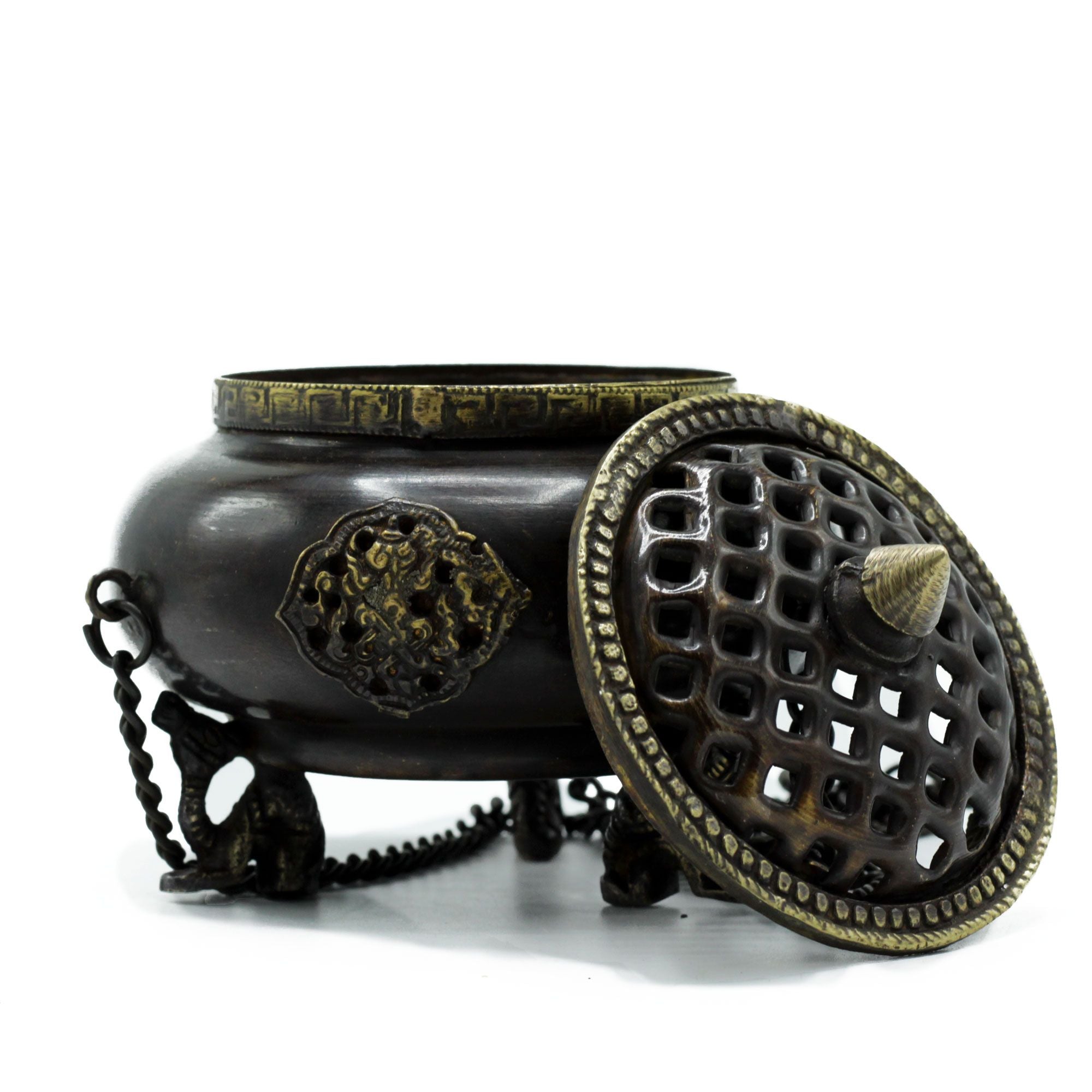 Large Brass Tibetan Burner with Four Celestial Symbols Design