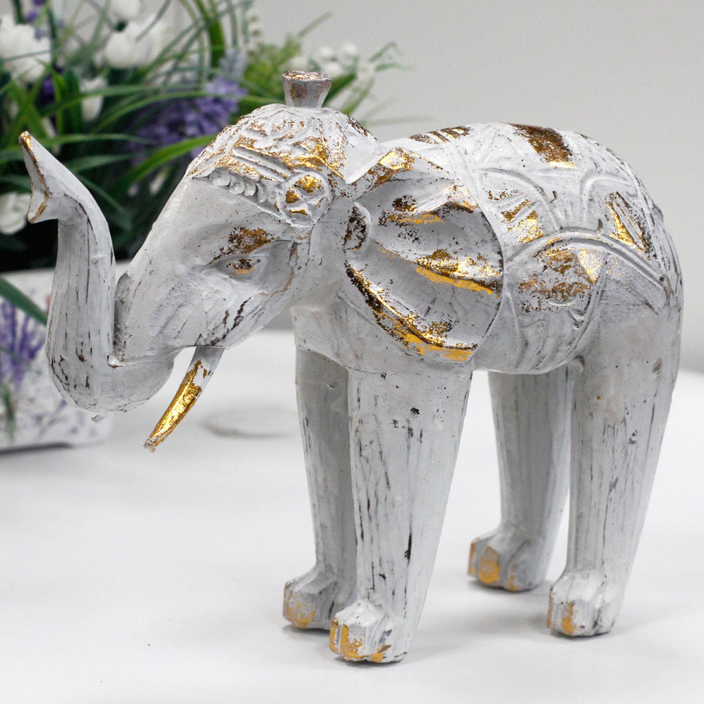 Wood Carved Elephant Decorative Figure in White Gold for Home Decor
