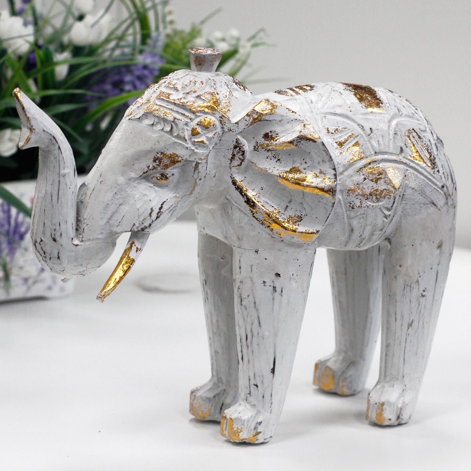 Wood Carved Elephant Decorative Figure in White Gold for Home Decor