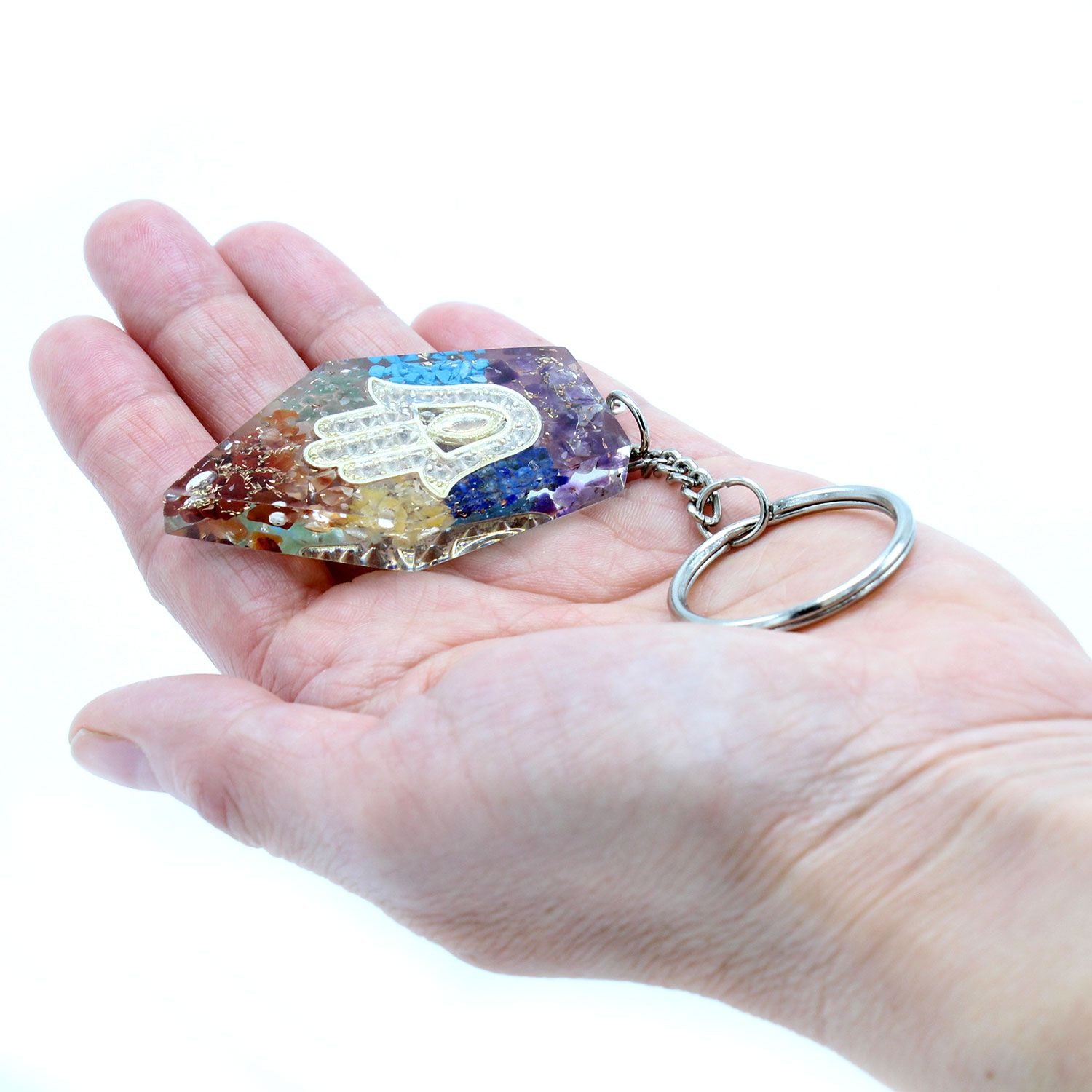 Orgonite Power Keyring with Gemstone Chakra Hamsa Design