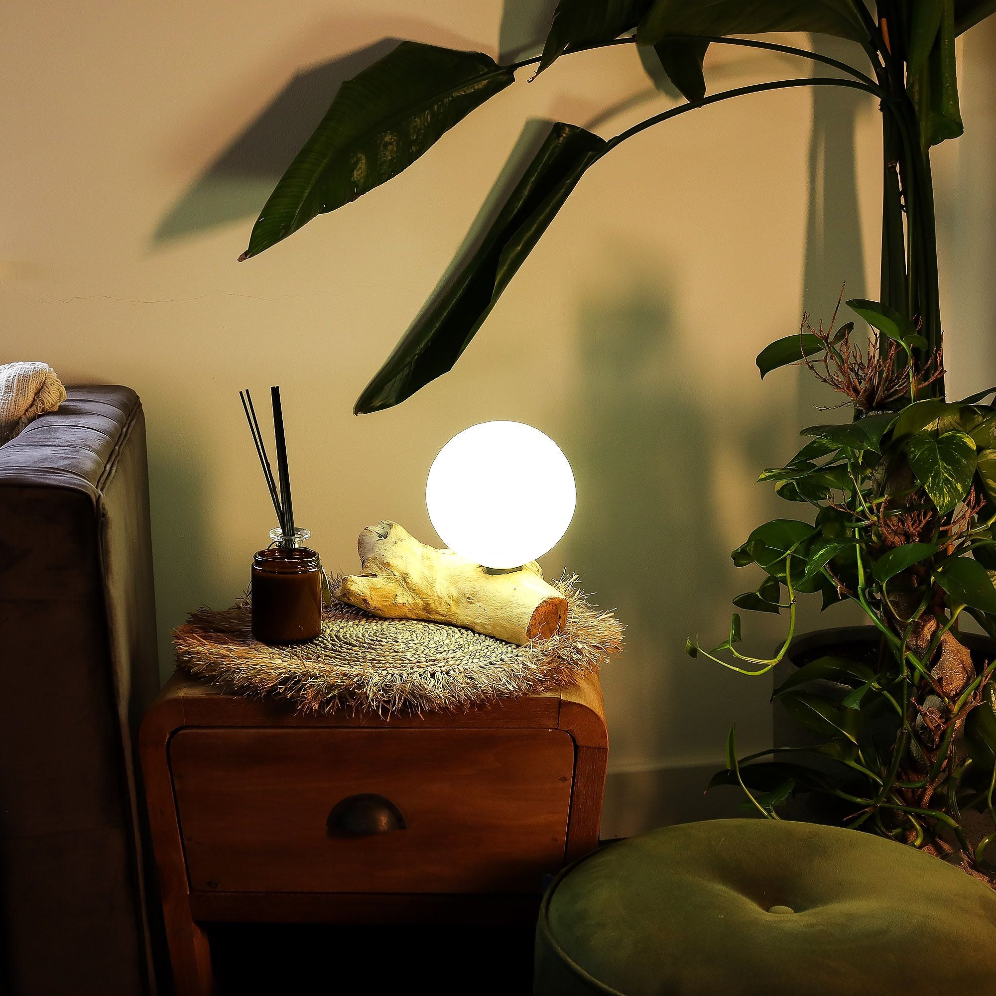DriftGlow Lamp Cotton Luna Ivory Shade with Unique Driftwood Base