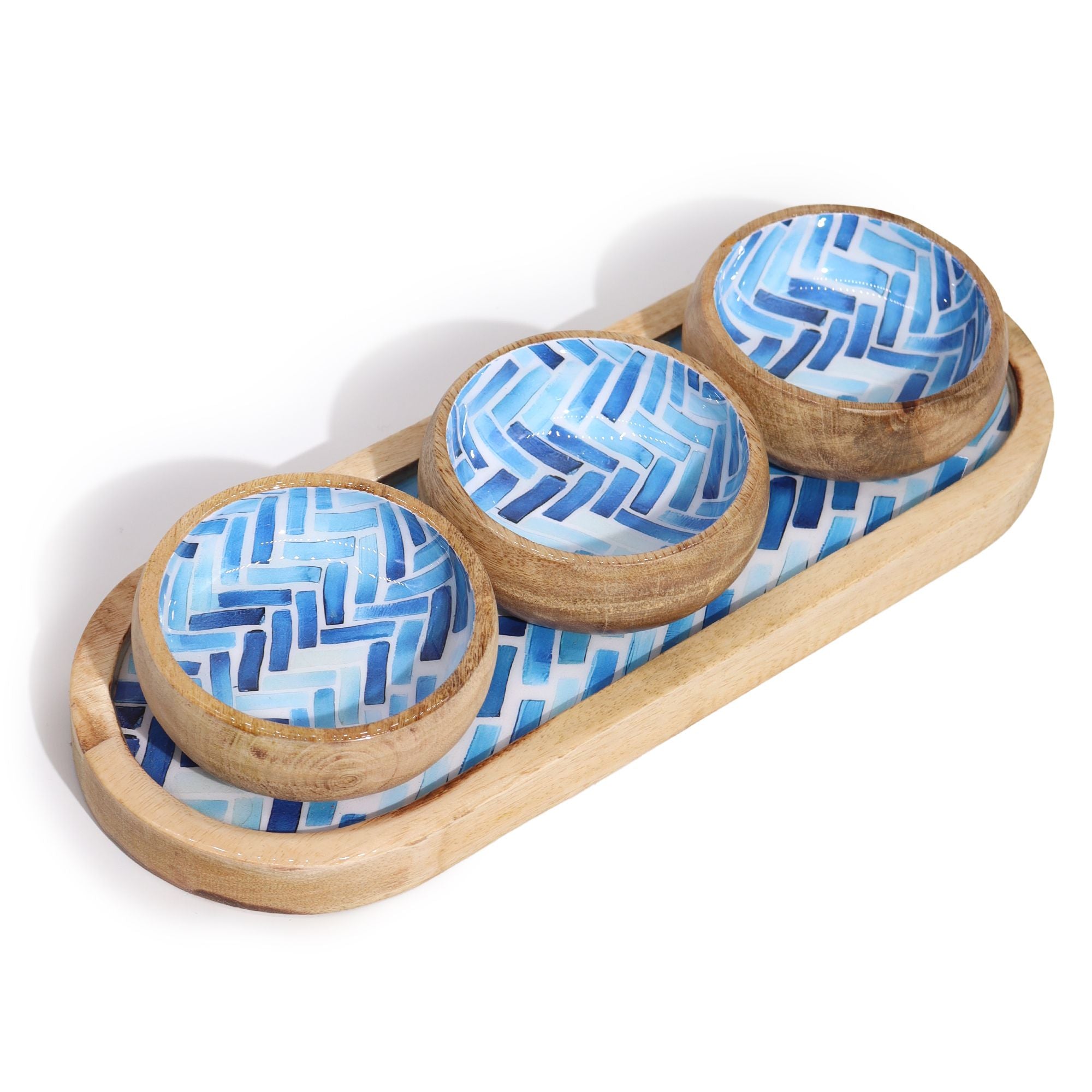 Mango Wood Tray with 3 Bowls in Blue Stripes for Home Decor