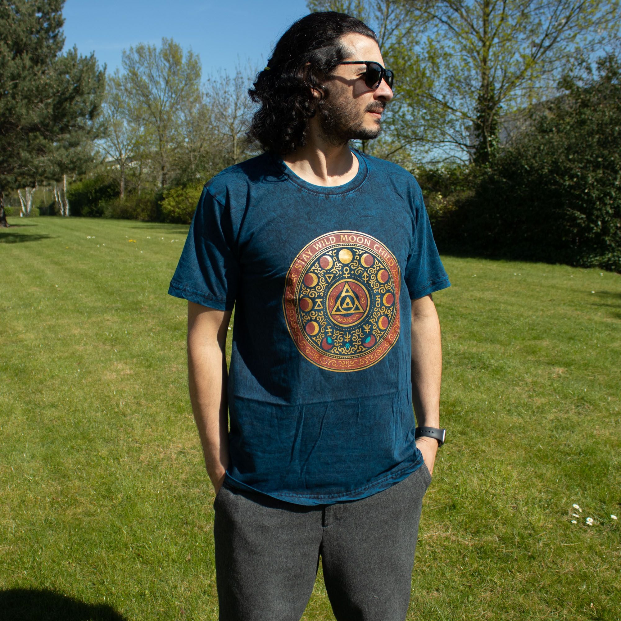 Nomad Sari Stonewashed Cotton T Shirt Stay Wild Moon Child Blue