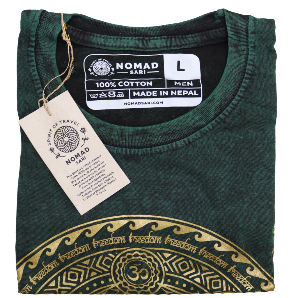 Nomad Sari Stonewashed Cotton T Shirt in Green with Chakra Design