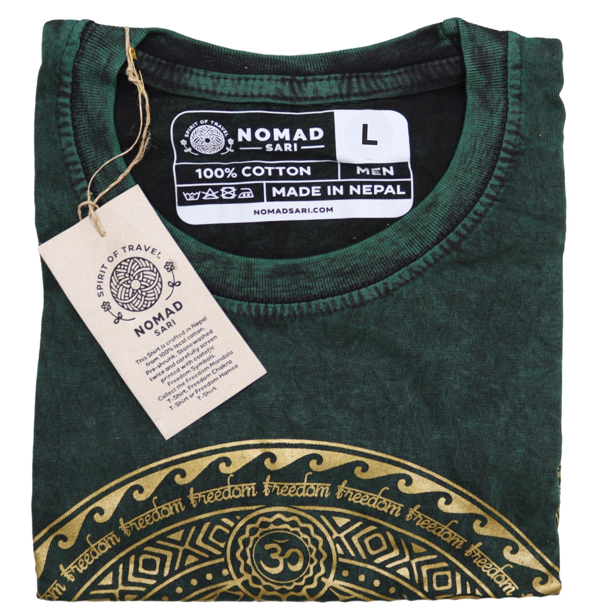Nomad Sari Stonewashed Cotton T Shirt in Green with Chakra Design