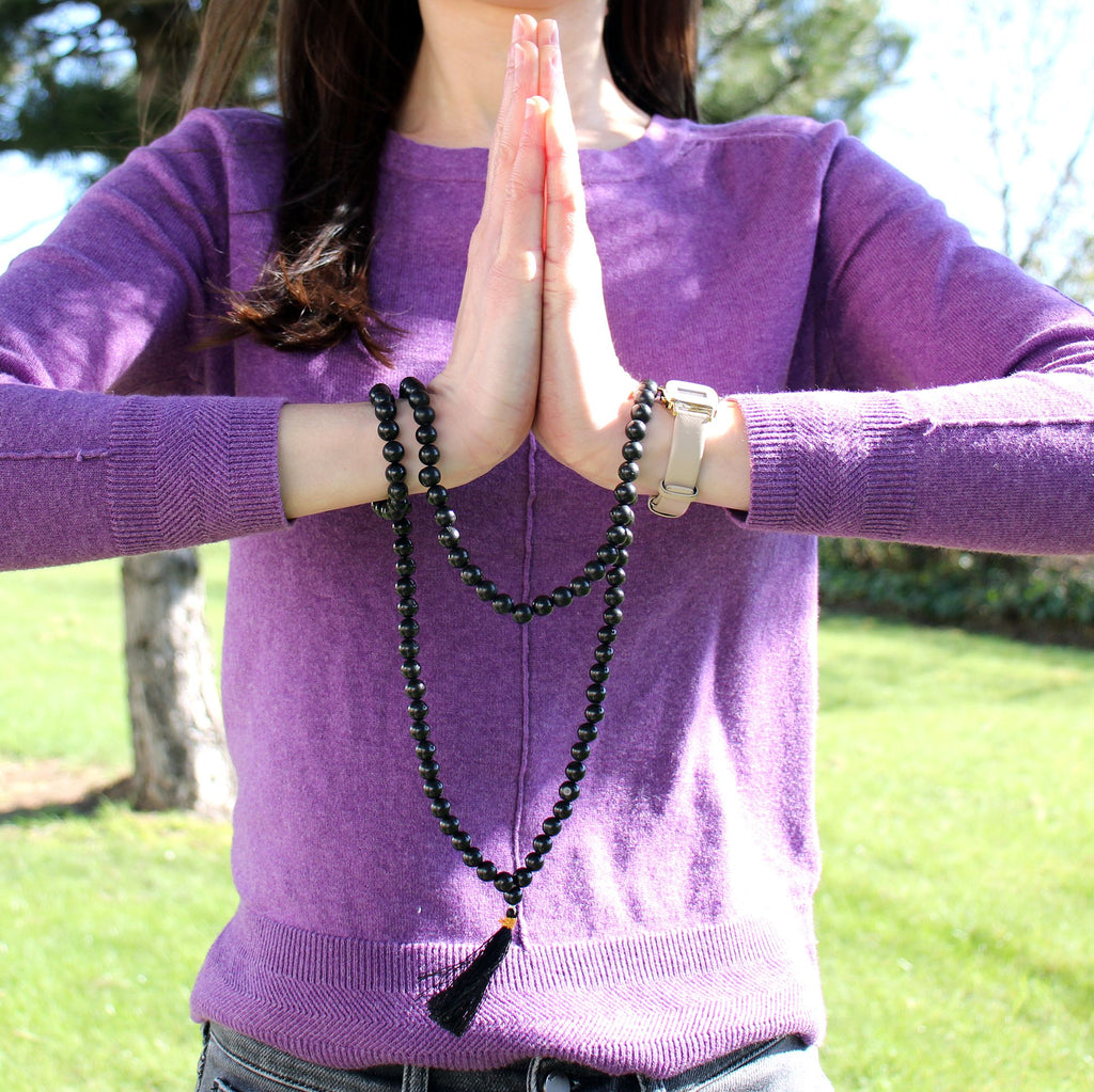 108 Bead Mala with Black Agate Gemstone Beads for Japa Practice
