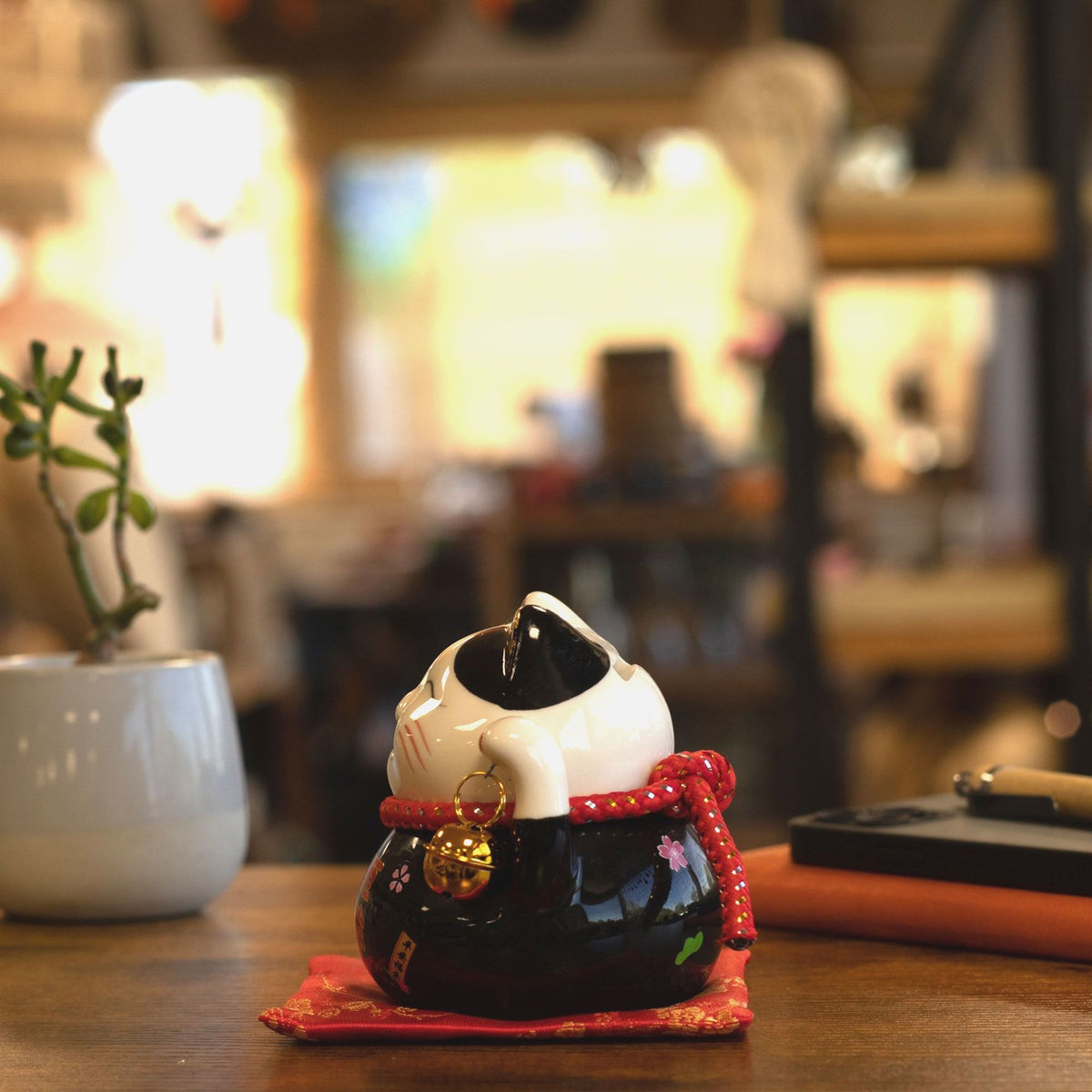 Japanese Lucky Cat Ceramic Money Box on Cushion – Black