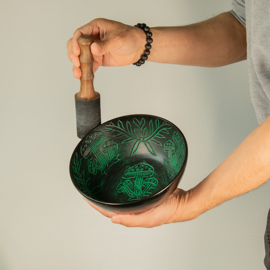 Green Aluminum Singing Bowl with Magic Mushroom Design 20cm