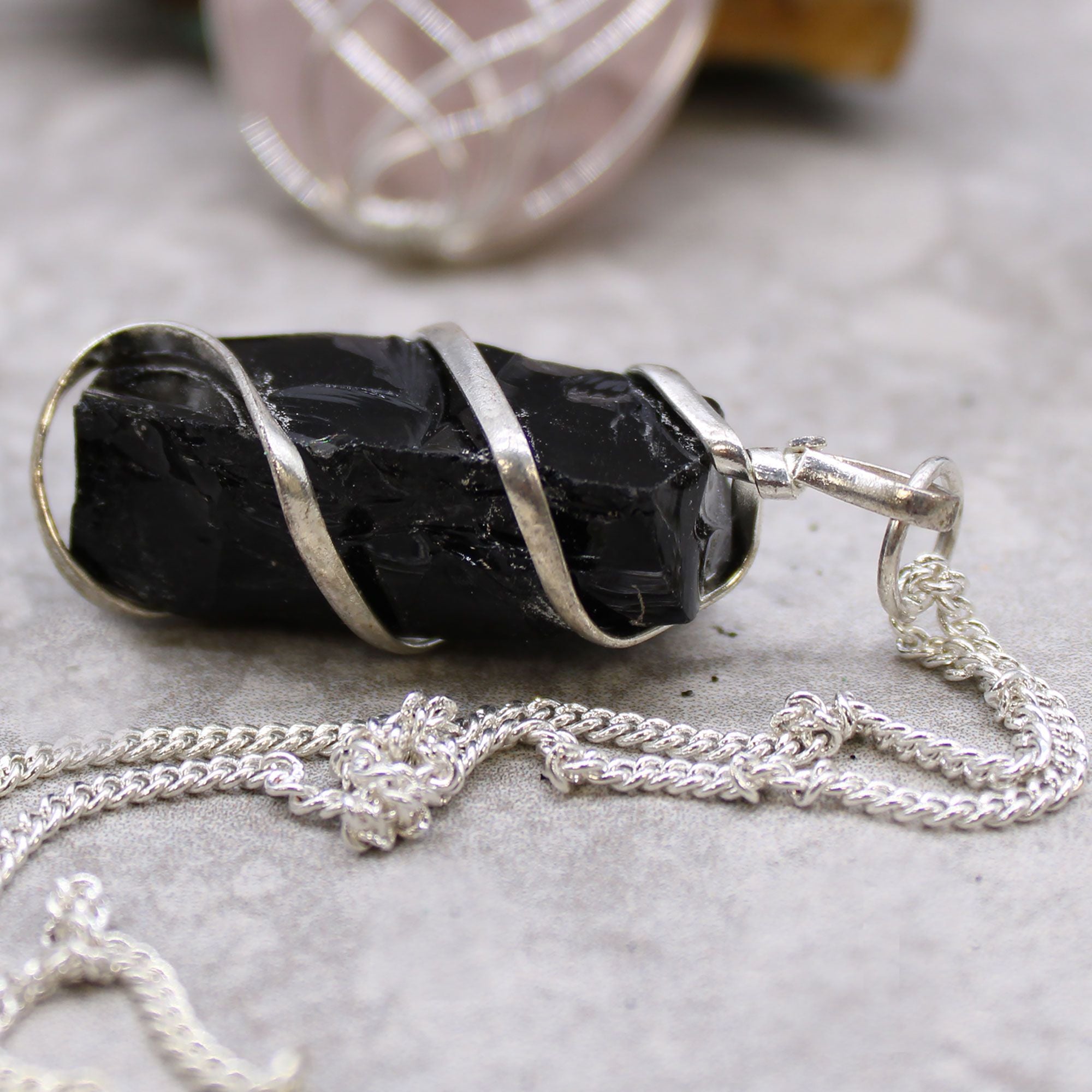 Cascade Wrapped Gemstone Necklace in Rough Black Onyx Design