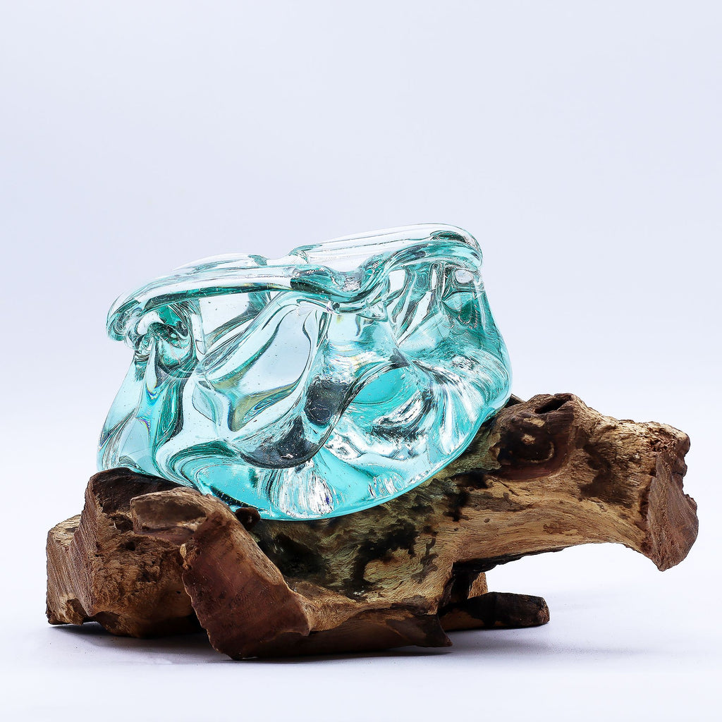Molten Glass Chunky Ashtray and Candle Holder on Wood Base 23cm