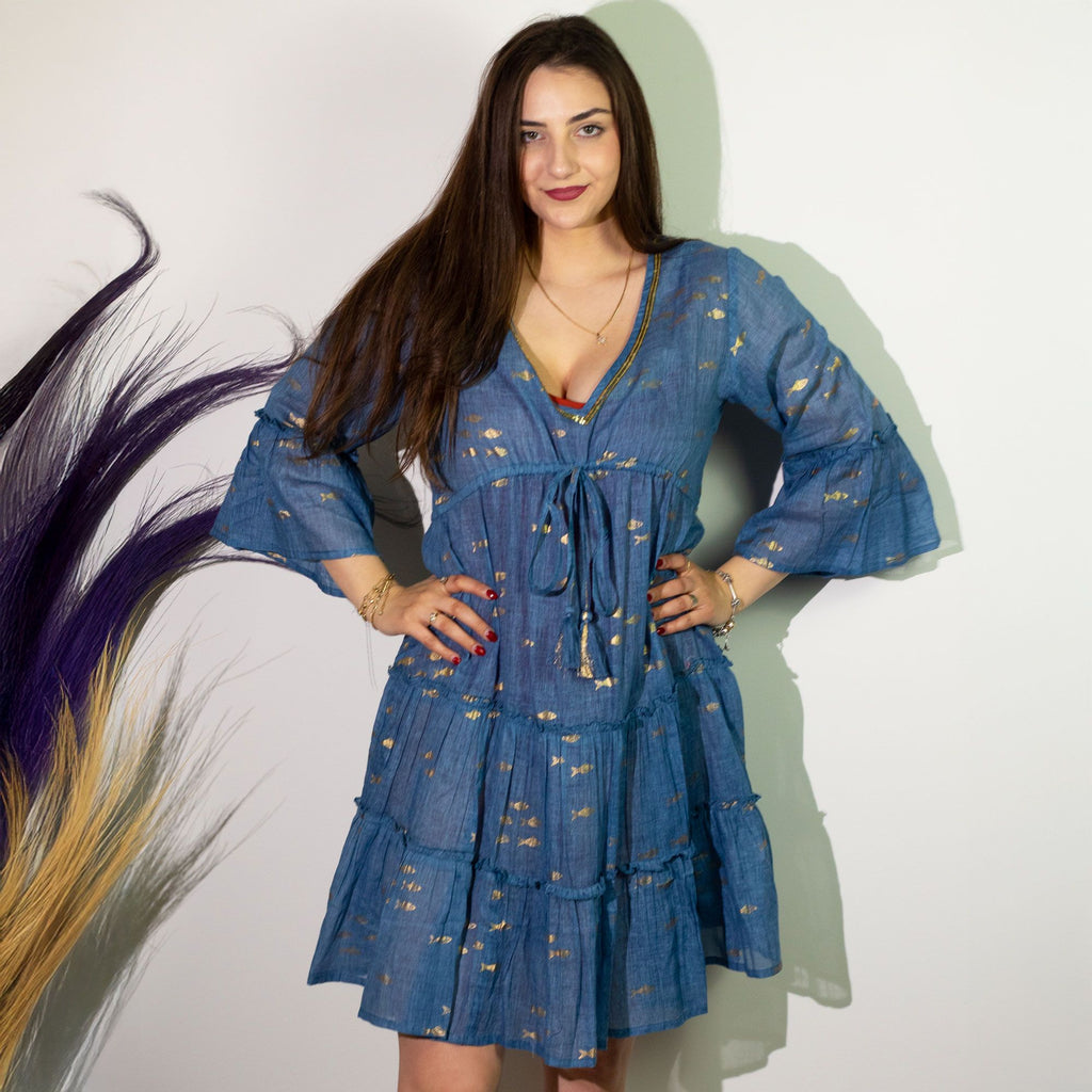 Nomad Sari Sea Blue and Gold Fish Print Dress for Summer Style