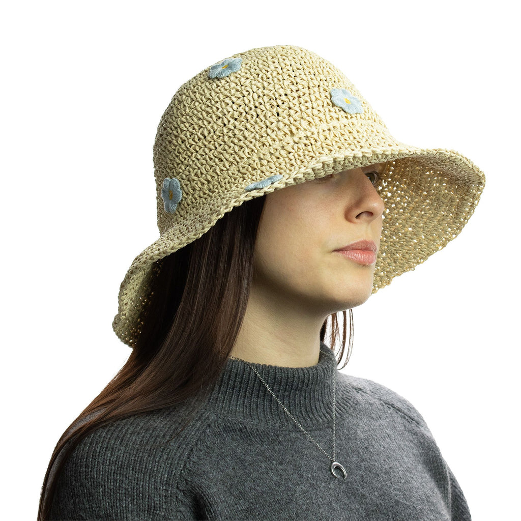 Nomad Sari Floppy Straw Sun Hat Beige with Blue Floral Accents