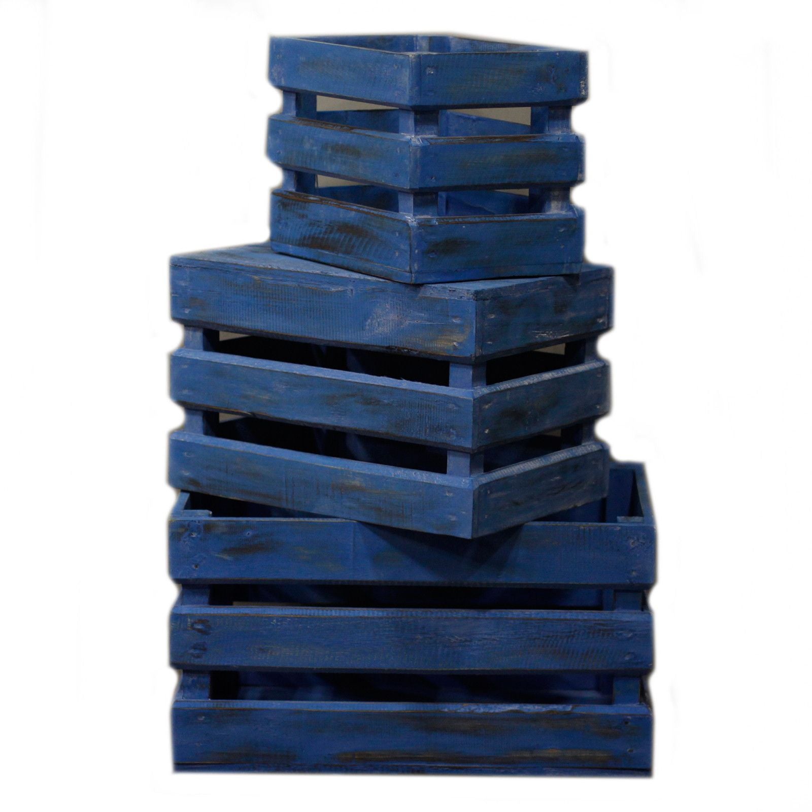 Wooden Storage Crates Bluewash Set of 3 for Home Organisation