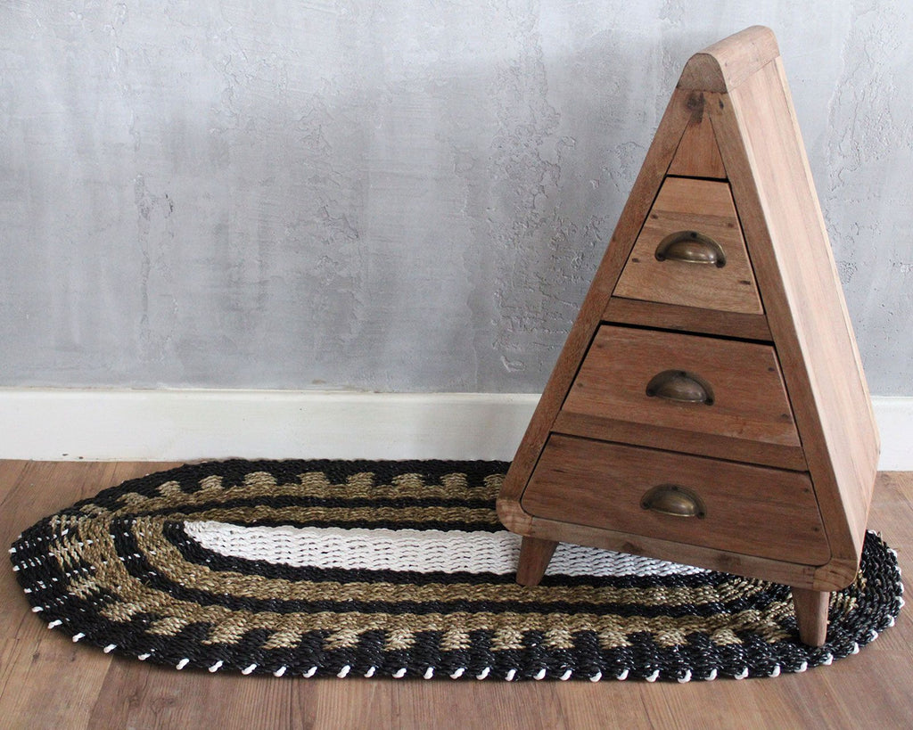 Oval Seagrass Rug in Black White and Tan Classic Design 60x120cm