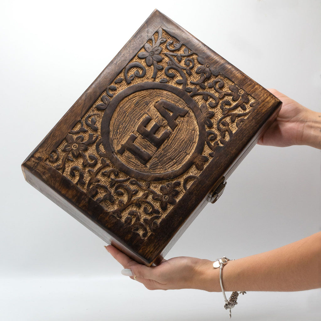 Mango Carved Tea Box with 12 Compartments for Organising Tea