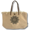 Natural Tote Bag with Leather Handle and Flower of Life Design