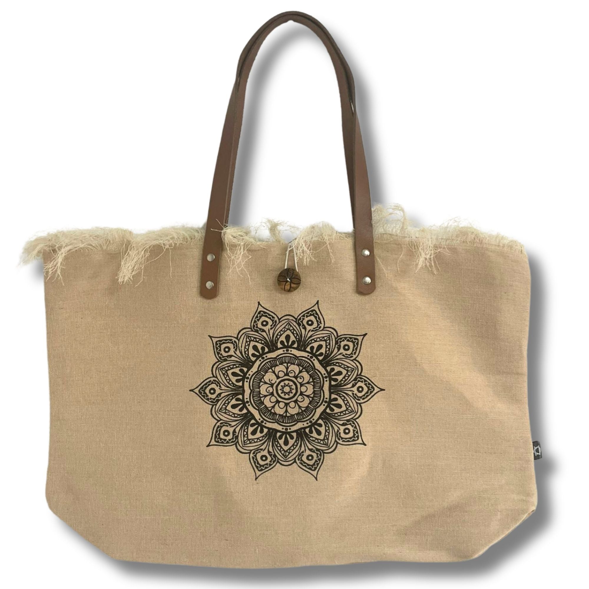 Natural Tote Bag with Leather Handle and Flower of Life Design
