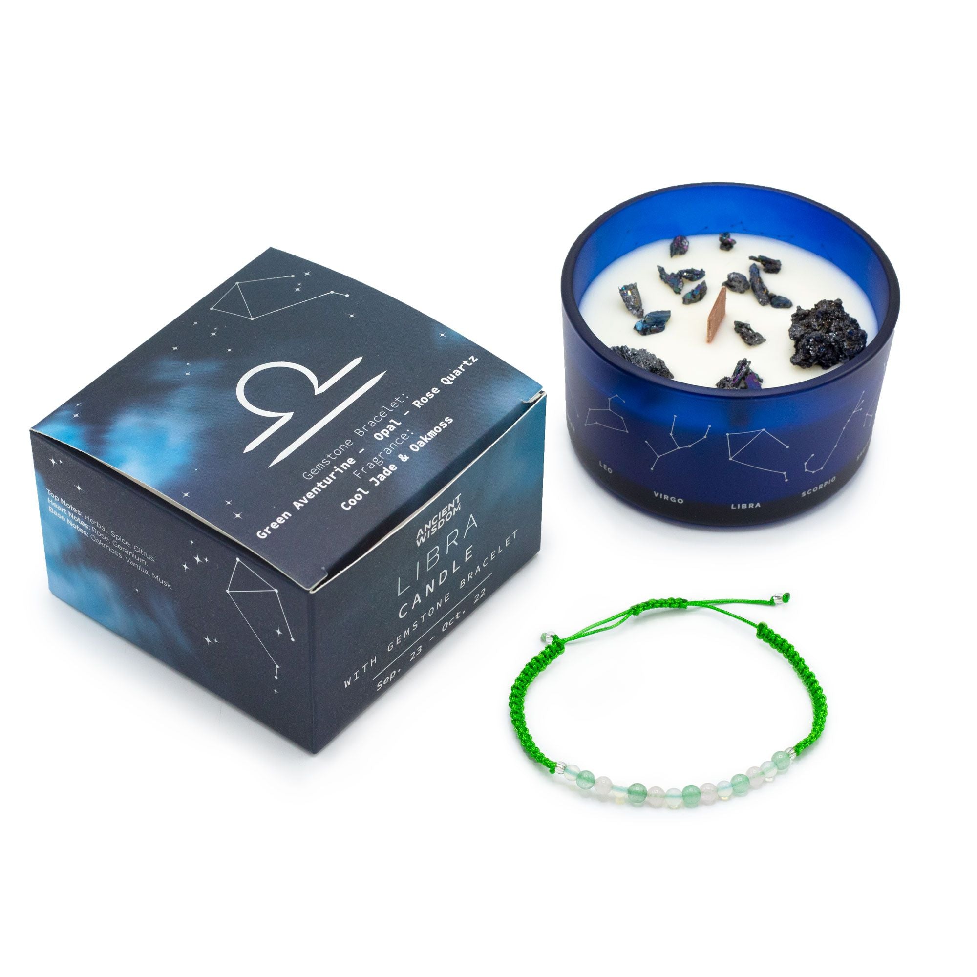 Zodiac Crystal Candle with Gemstone Bracelet for Libra Balance
