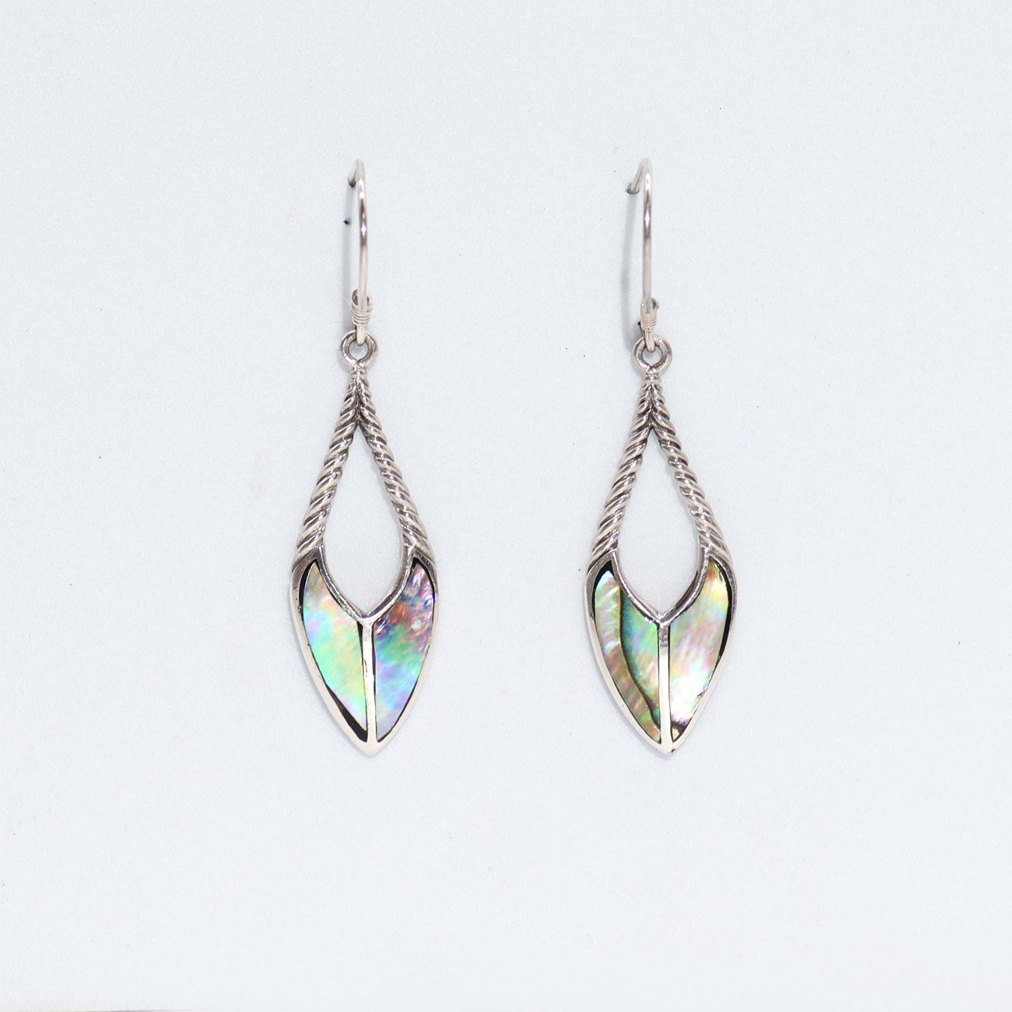 Shell and Silver Earrings with Spear Drops and Abalone Detail