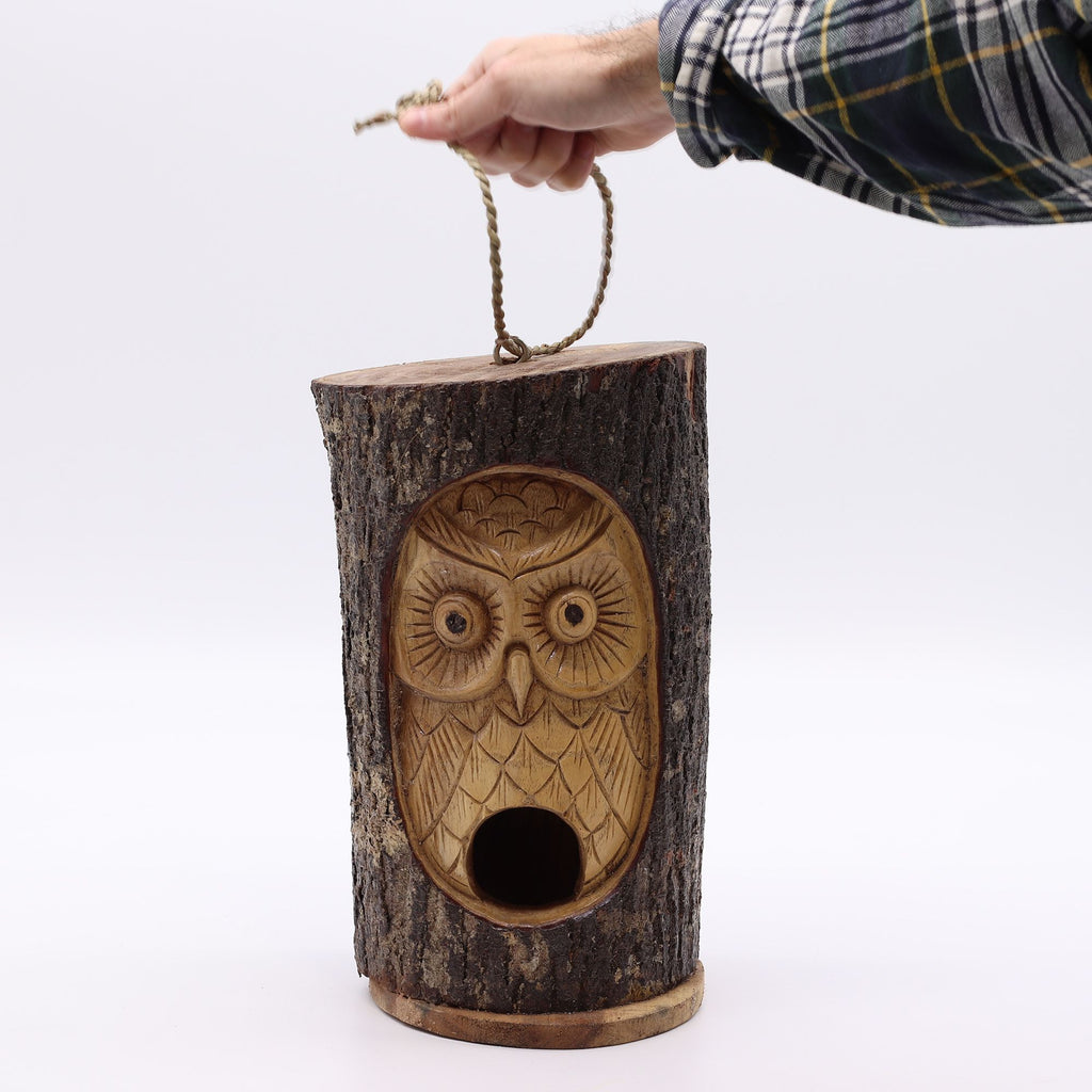 Tree Trunk Face Bird House with Wise Owl Design for Outdoor Gardens